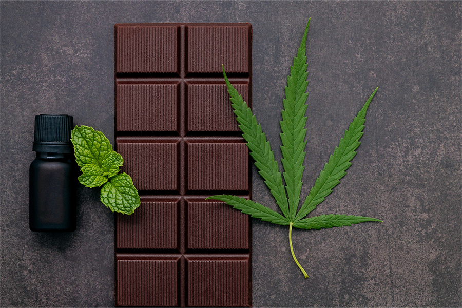 Cannabis Chocolate placed next to hemp leaf, cannabis oil and mint leaf